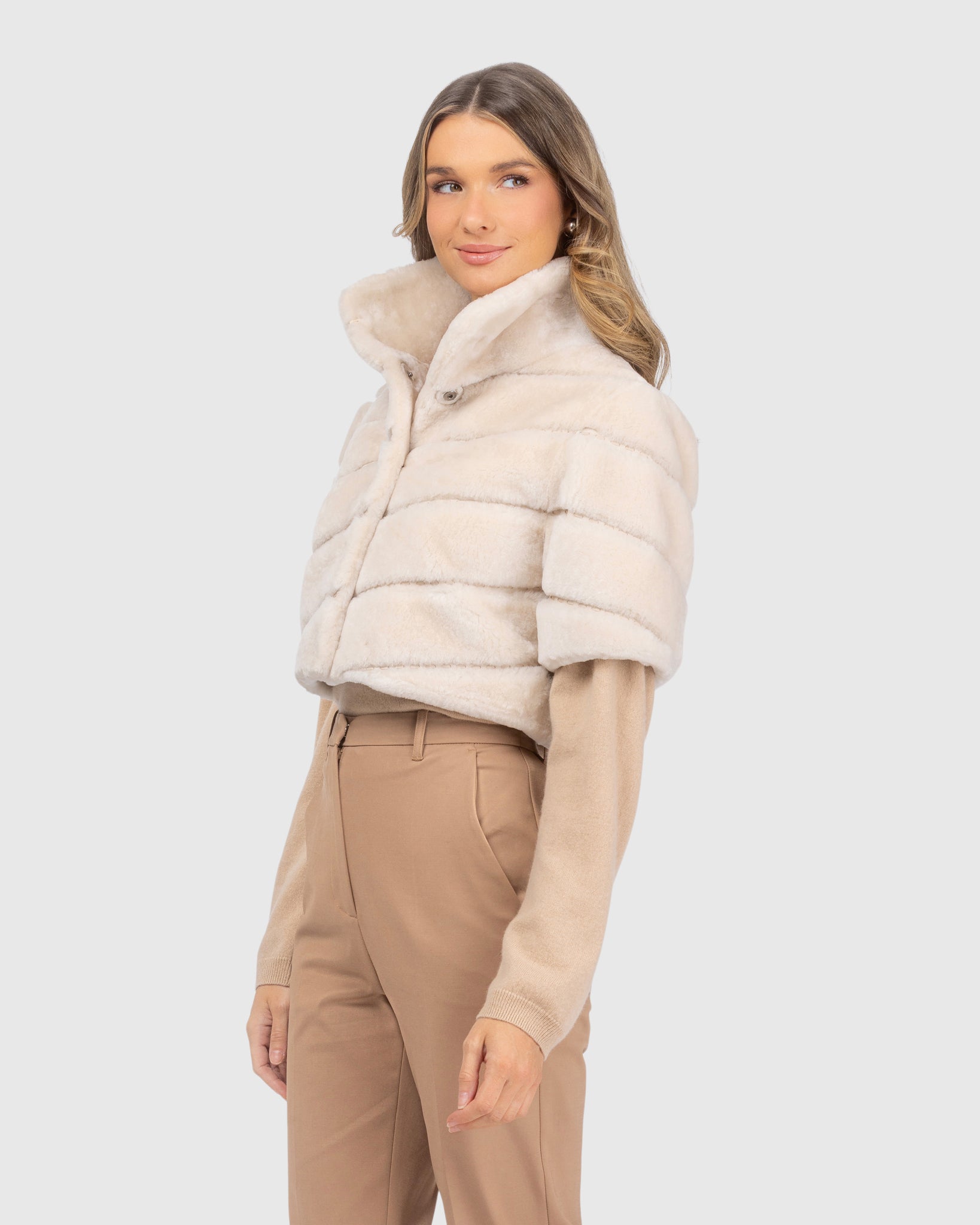 SELECT SHEARLING LAMB DIAGONAL BOLERO WITH CROPPED SLEEVES