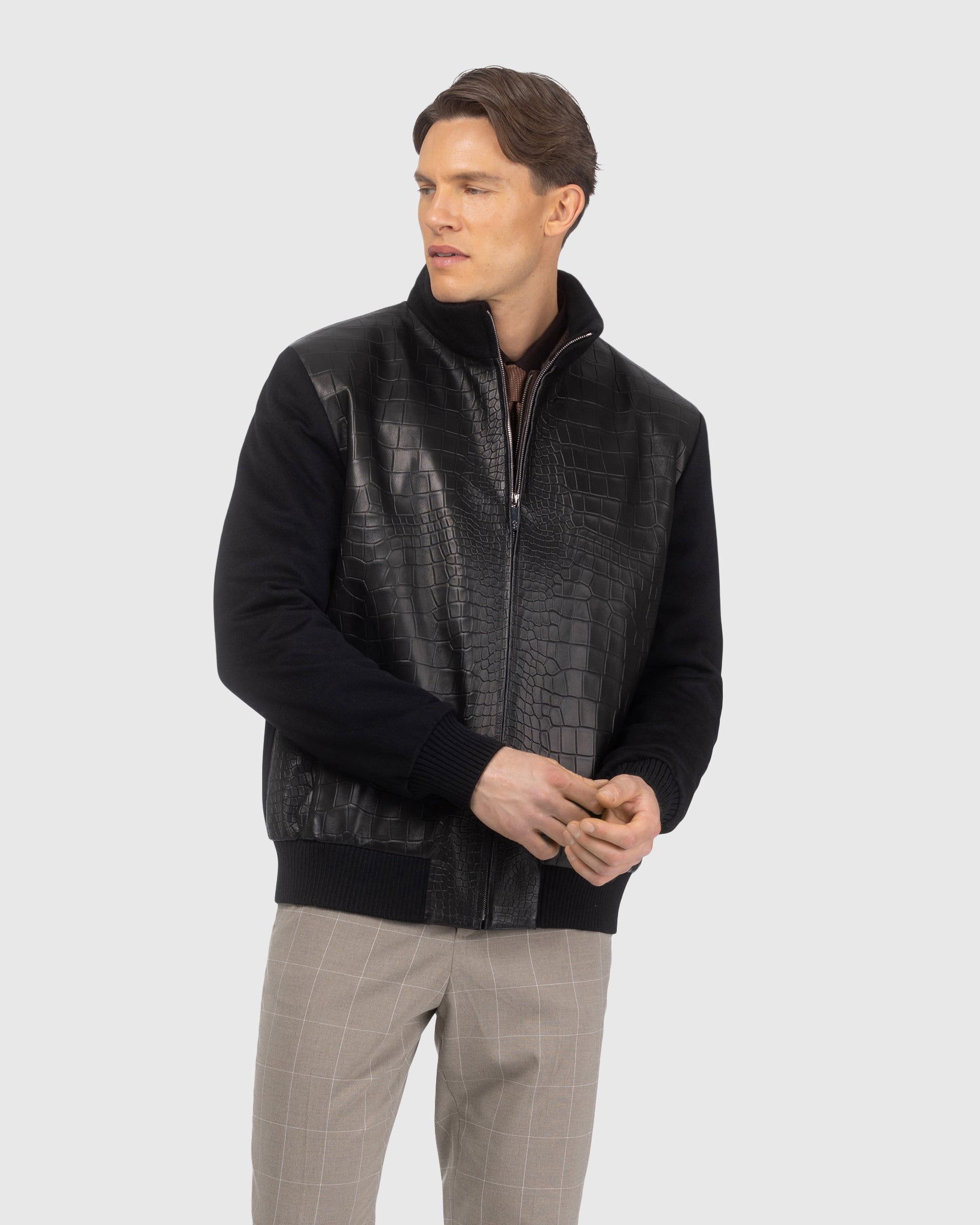 MENS LORO PIANA WOOL JACKET WITH CROCO EMBOSSED NAPPA LEATHER FRONT