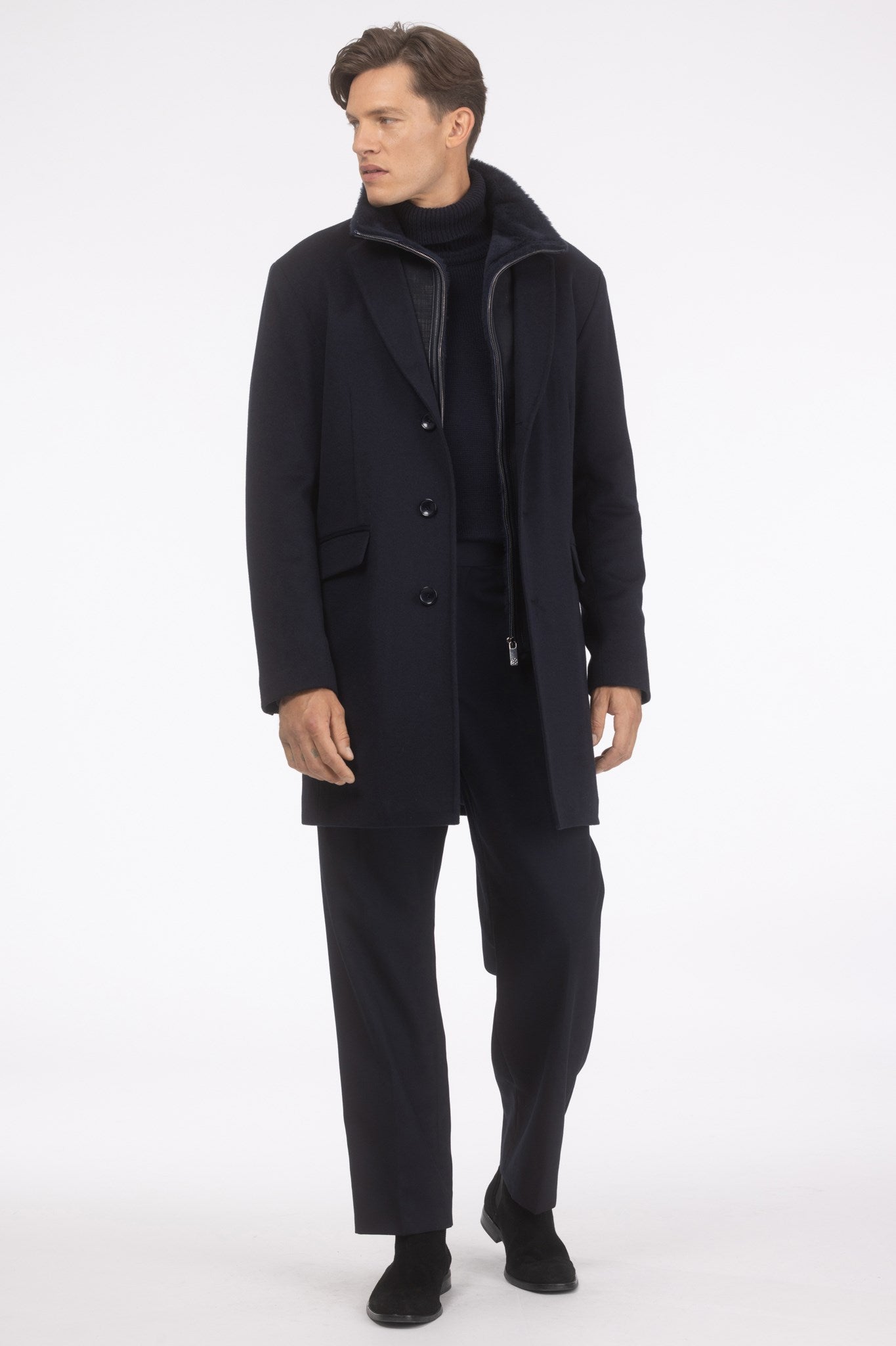 Mens Loro Piana Wool Short Coat With Merino Shearling Lamb Trim