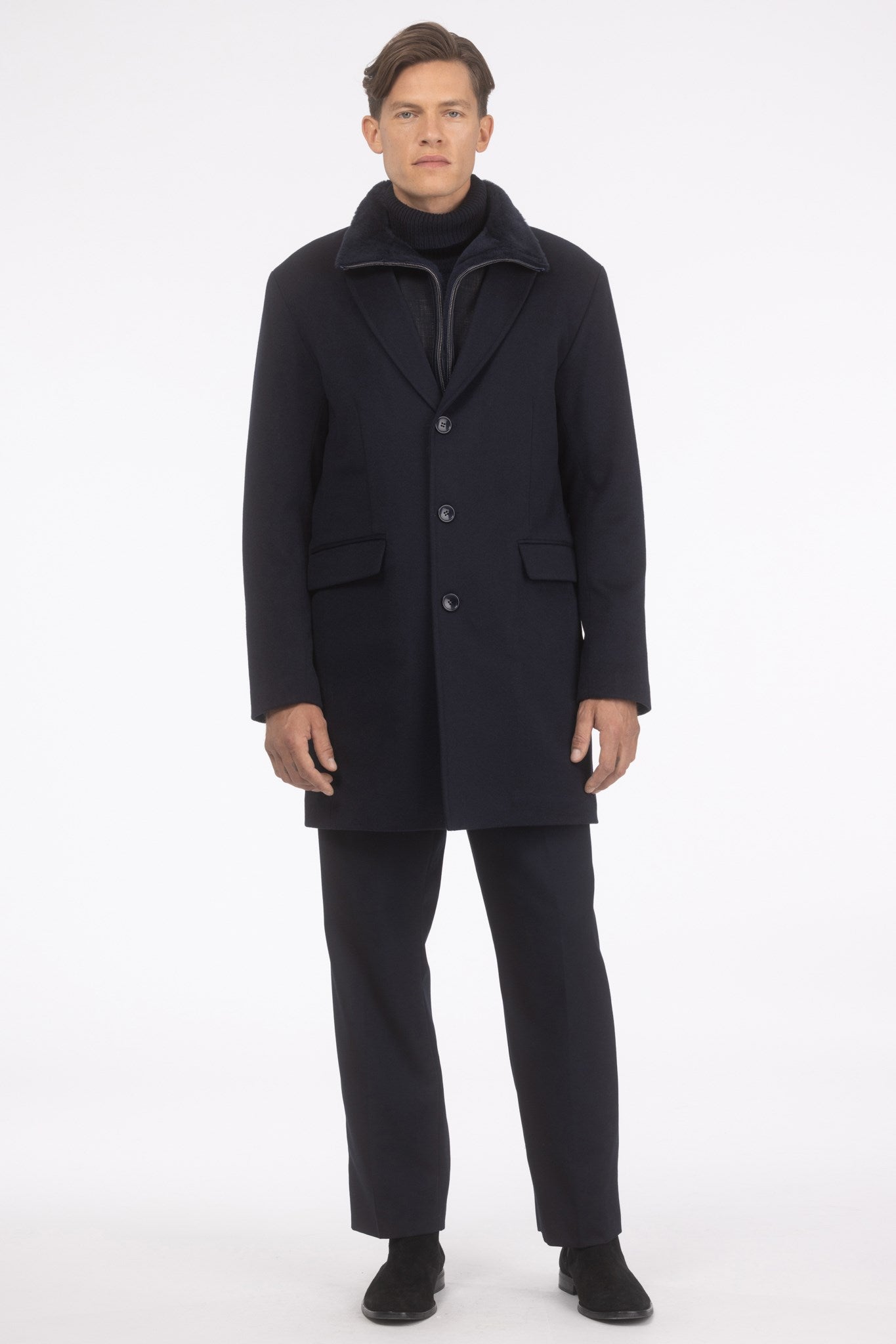 Mens Loro Piana Wool Short Coat With Merino Shearling Lamb Trim