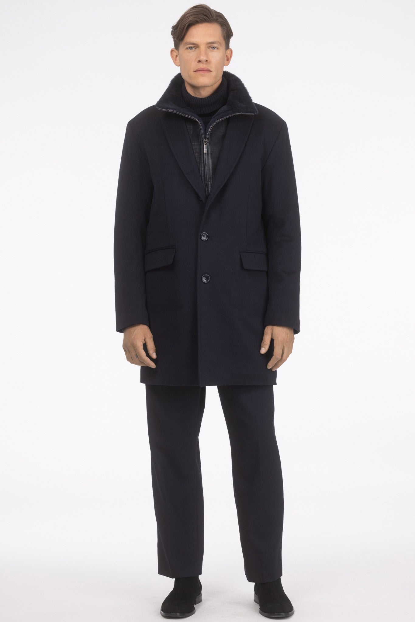 Mens Loro Piana Wool Short Coat With Merino Shearling Lamb Trim