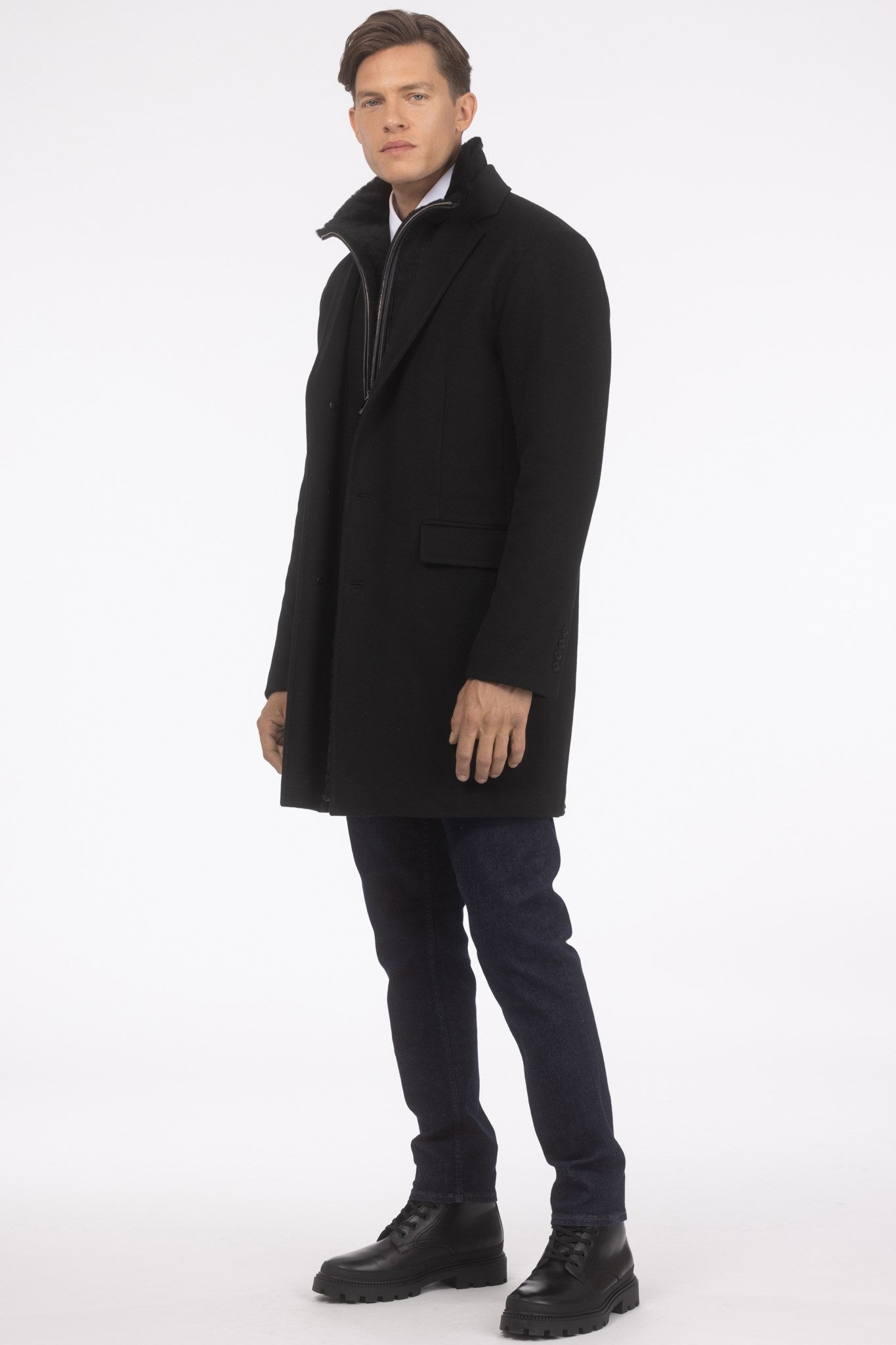 Mens Loro Piana Wool Short Coat With Merino Shearling Lamb Trim