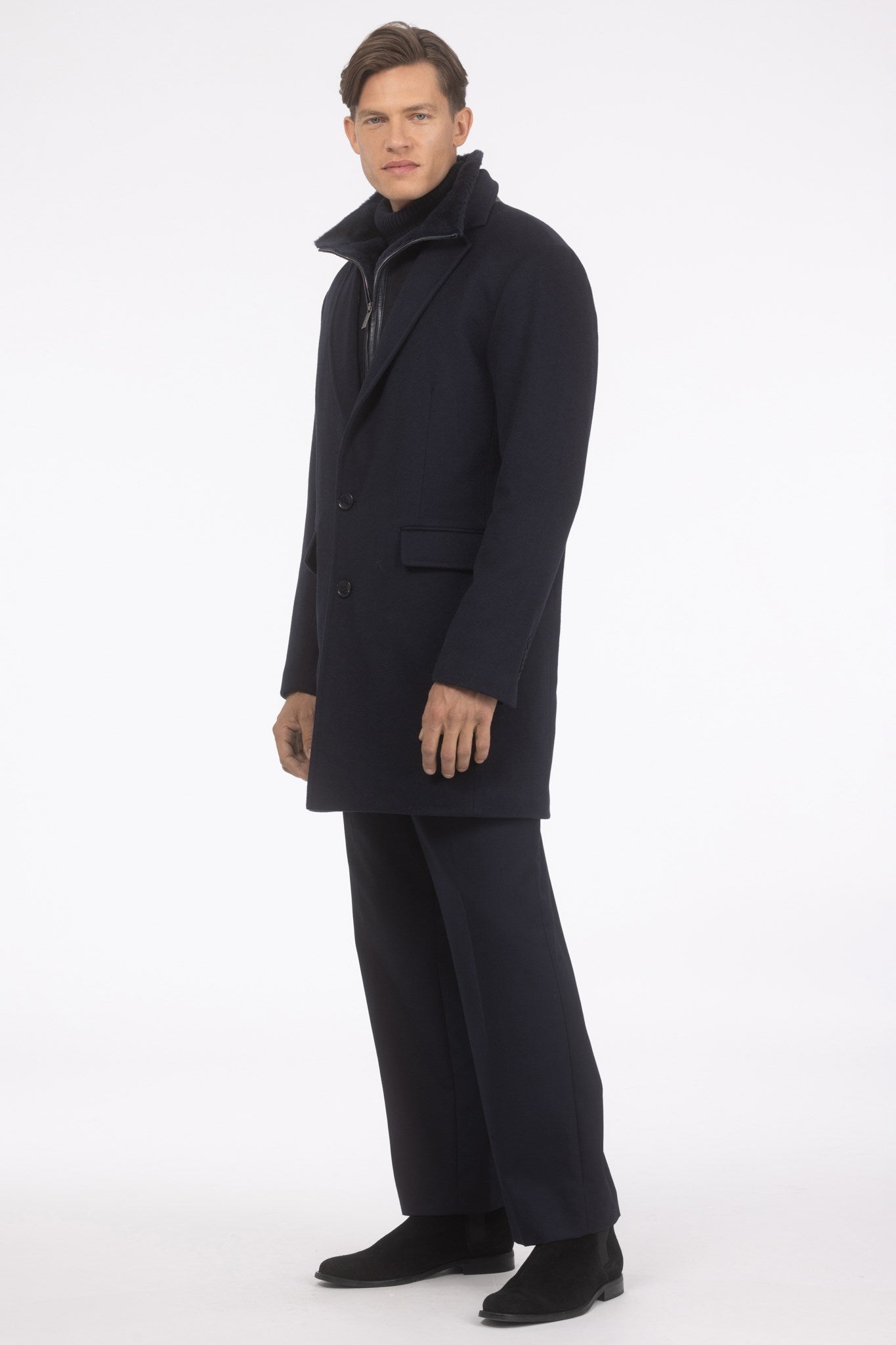 Mens Loro Piana Wool Short Coat With Merino Shearling Lamb Trim