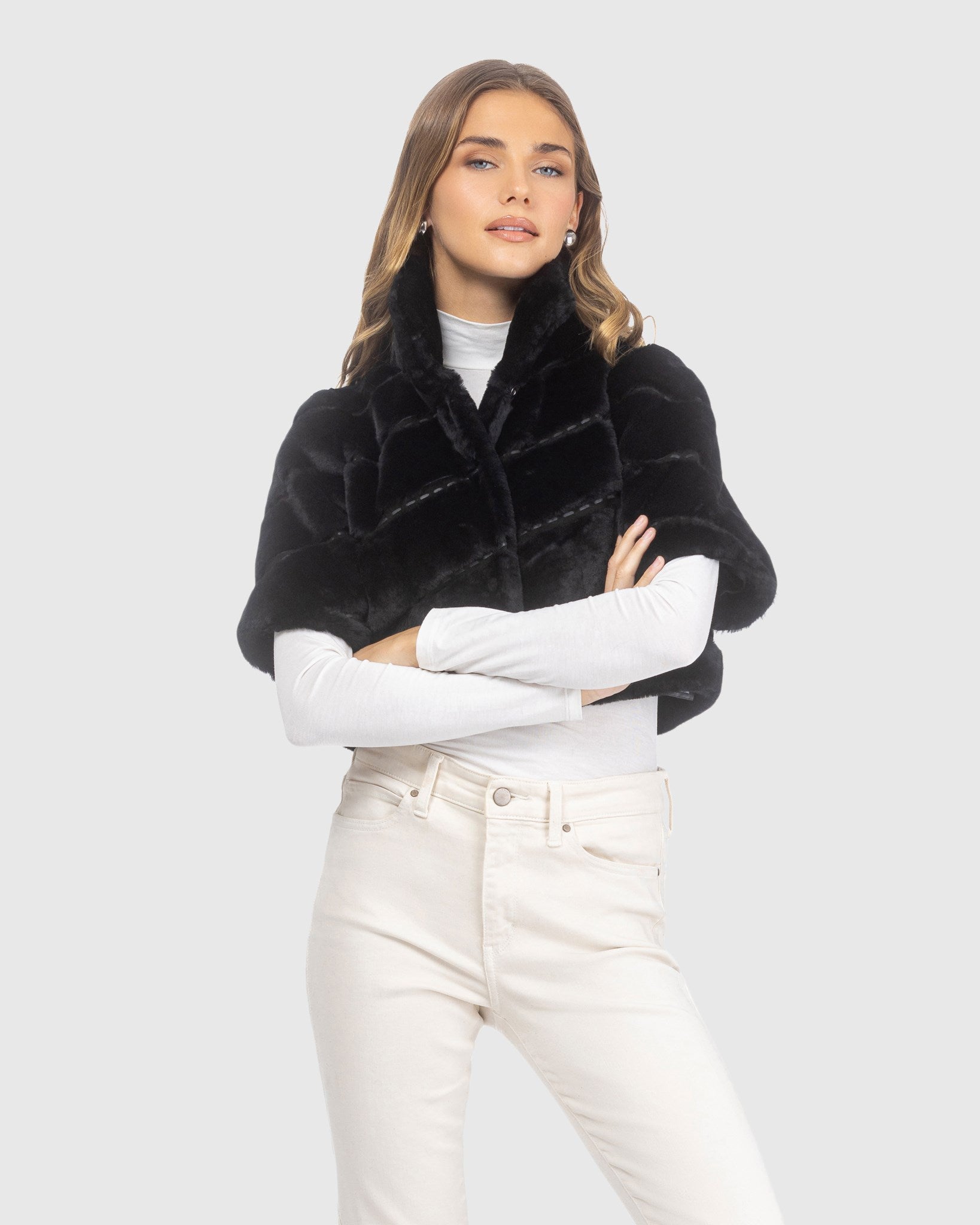 SELECT SHEARLING LAMB DIAGONAL BOLERO WITH CROPPED SLEEVES