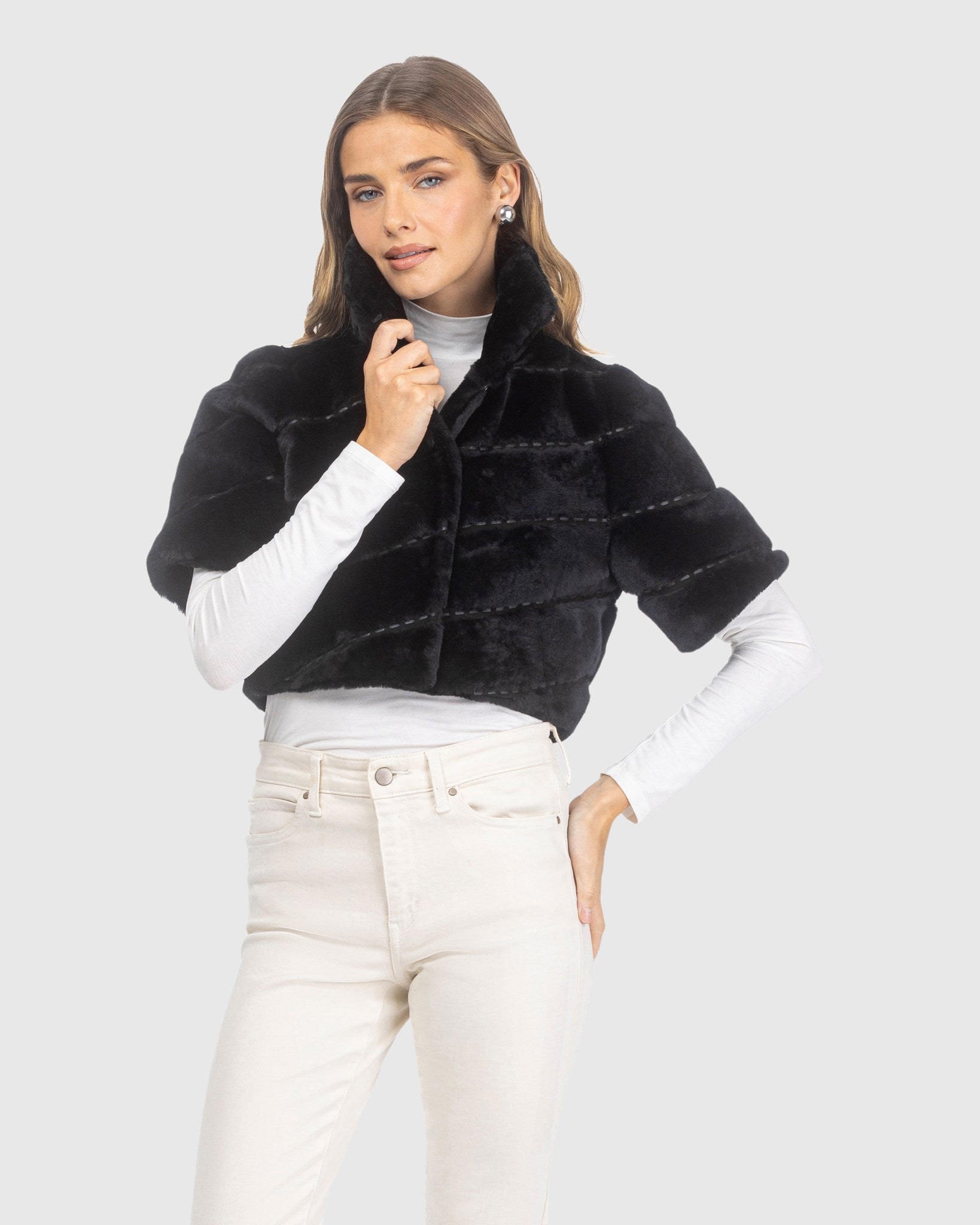SELECT SHEARLING LAMB DIAGONAL BOLERO WITH CROPPED SLEEVES