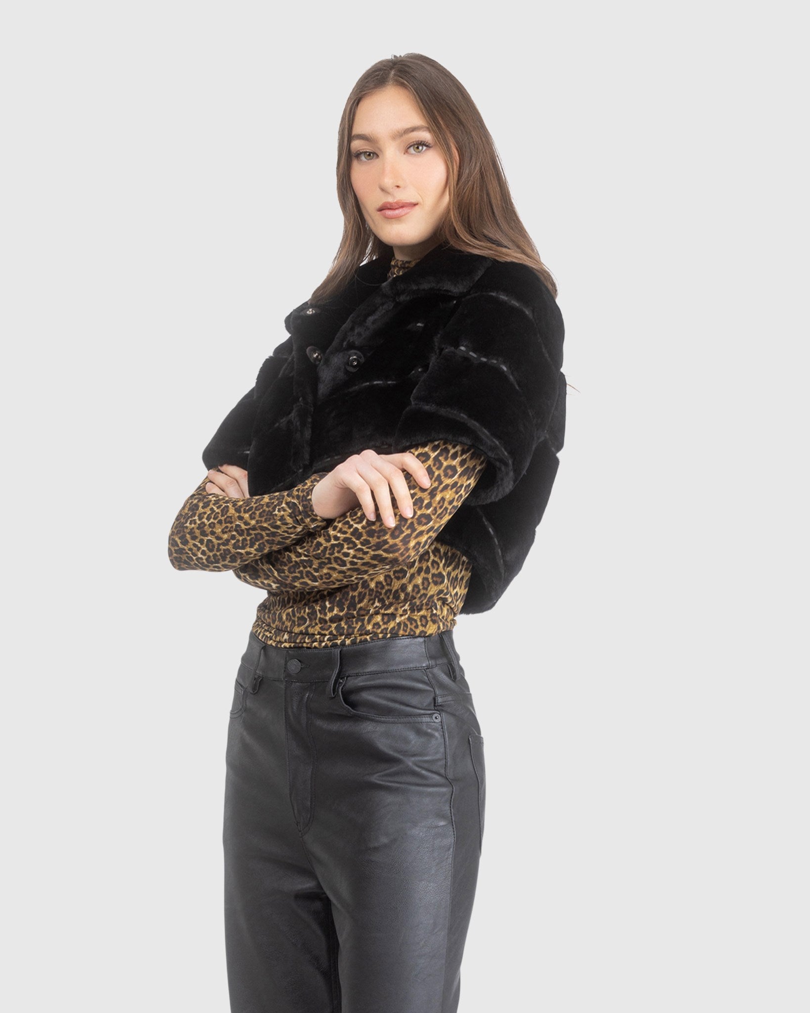 SELECT SHEARLING LAMB DIAGONAL BOLERO WITH CROPPED SLEEVES