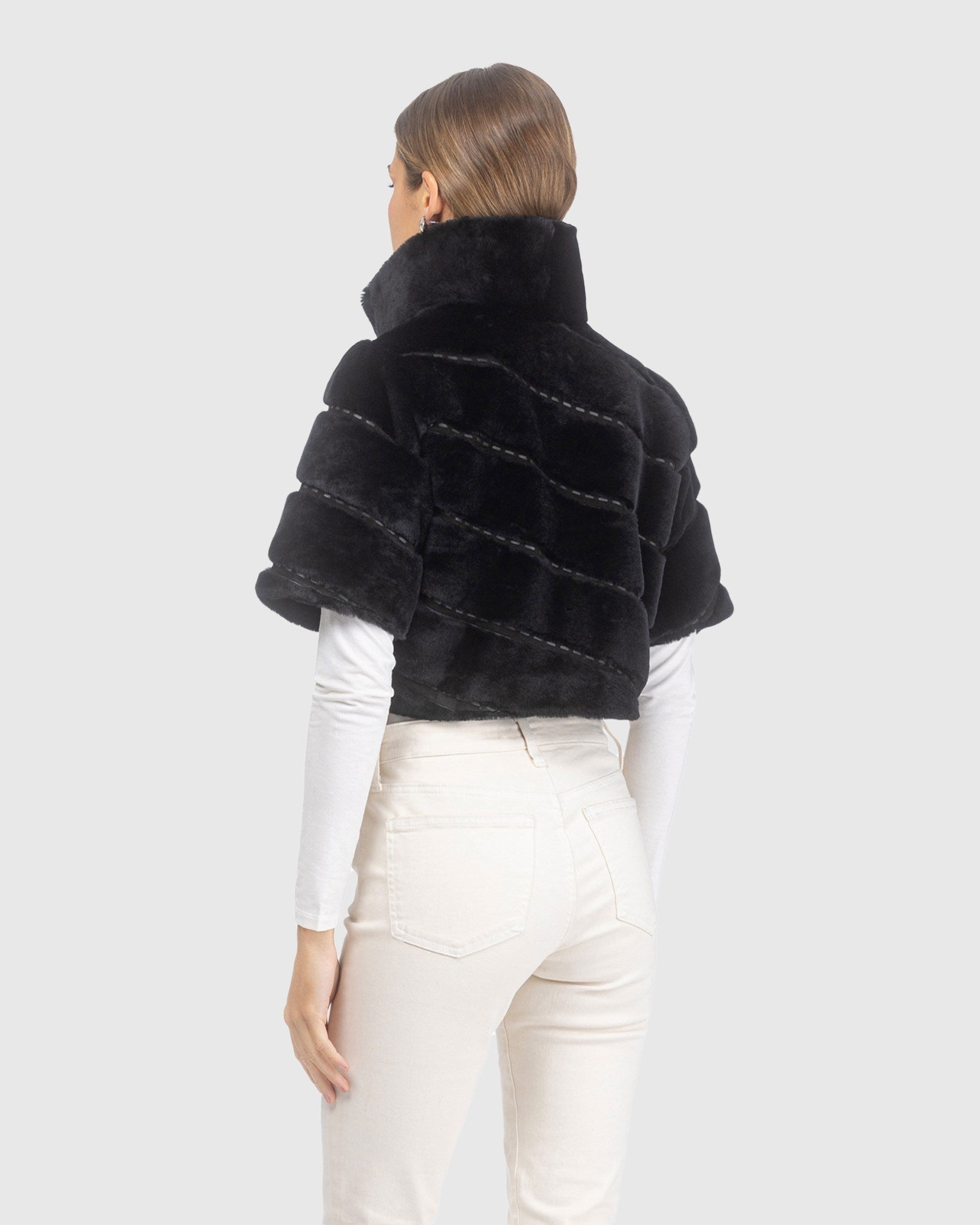 SELECT SHEARLING LAMB DIAGONAL BOLERO WITH CROPPED SLEEVES