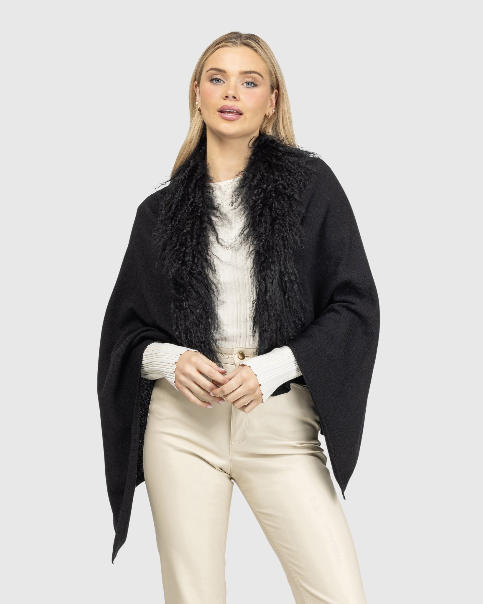 Select Cashmere And Merino Wool Blend Stole With Select Mongolian Lamb Trim