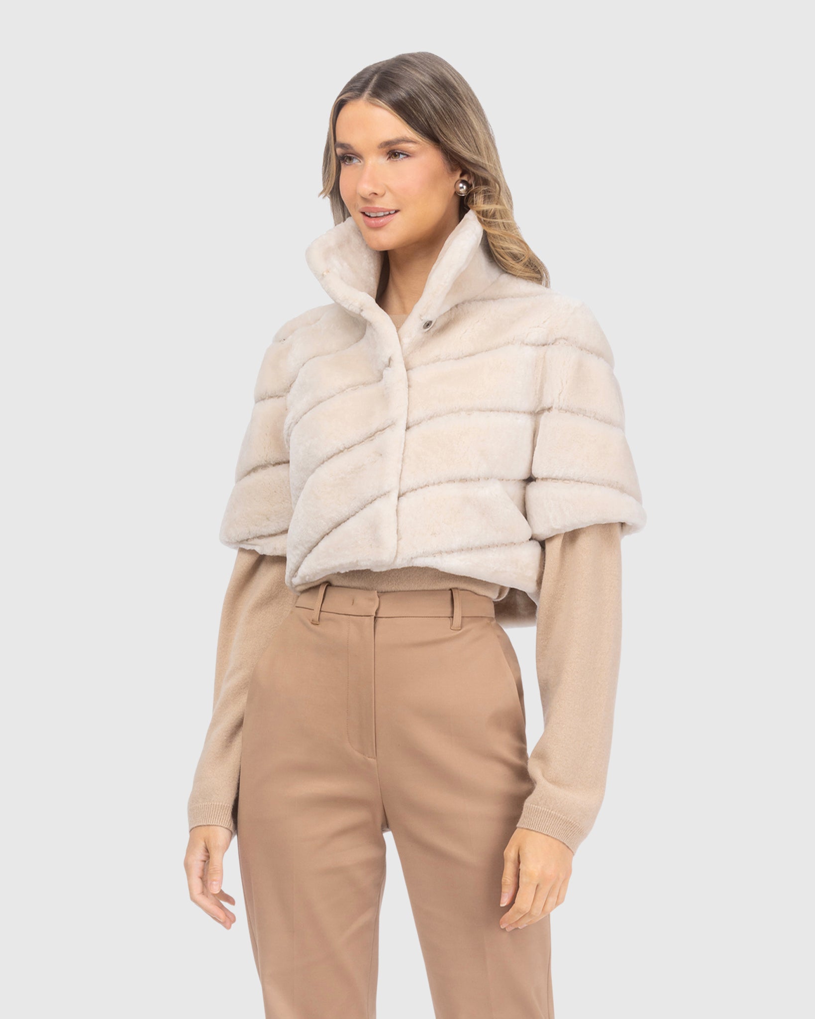 SELECT SHEARLING LAMB DIAGONAL BOLERO WITH CROPPED SLEEVES