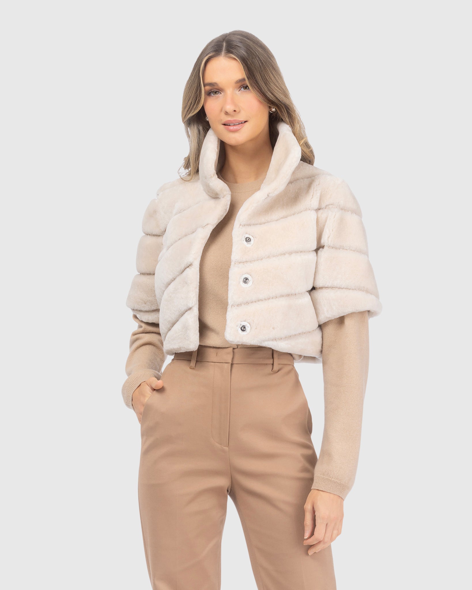 SELECT SHEARLING LAMB DIAGONAL BOLERO WITH CROPPED SLEEVES
