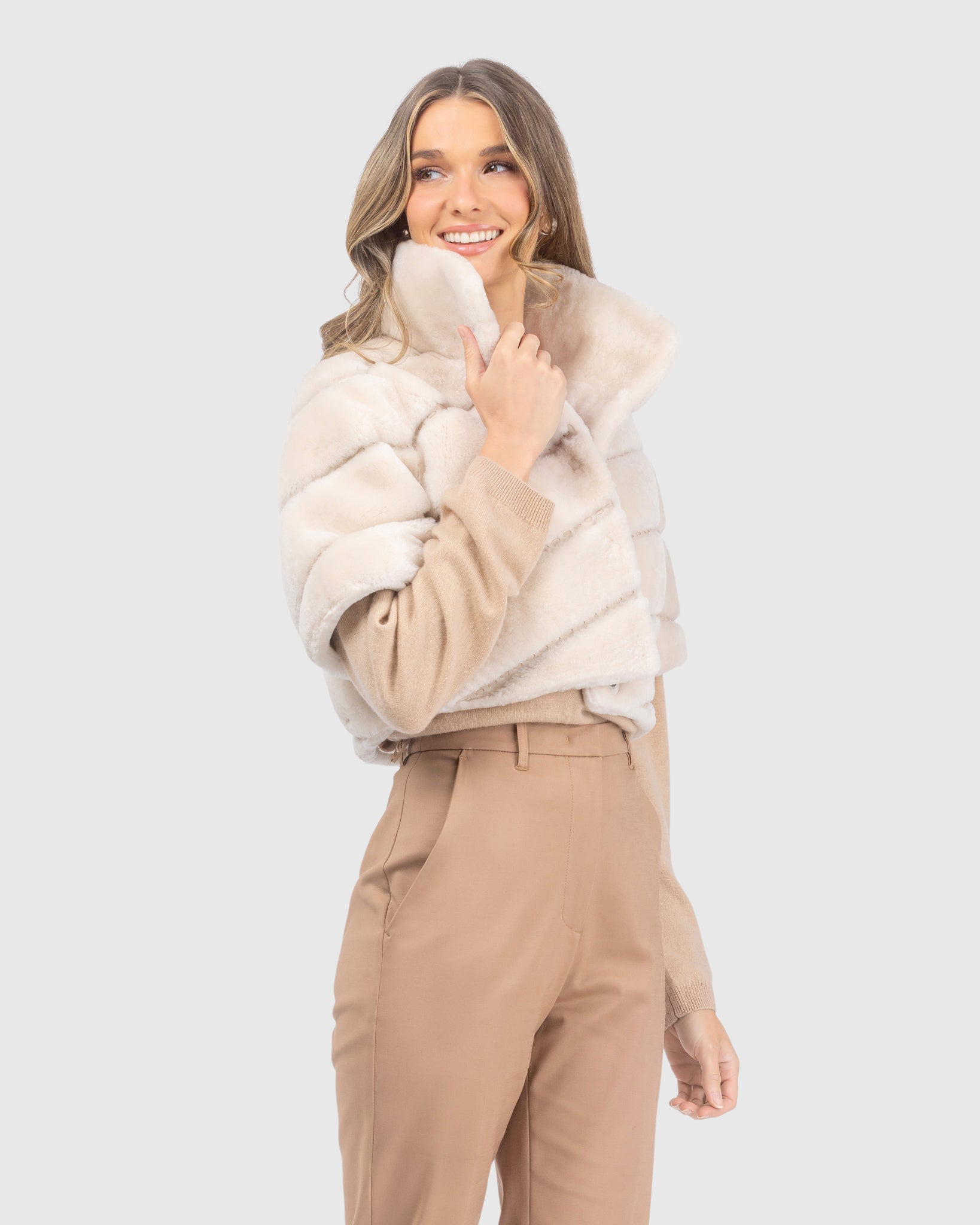 SELECT SHEARLING LAMB DIAGONAL BOLERO WITH CROPPED SLEEVES