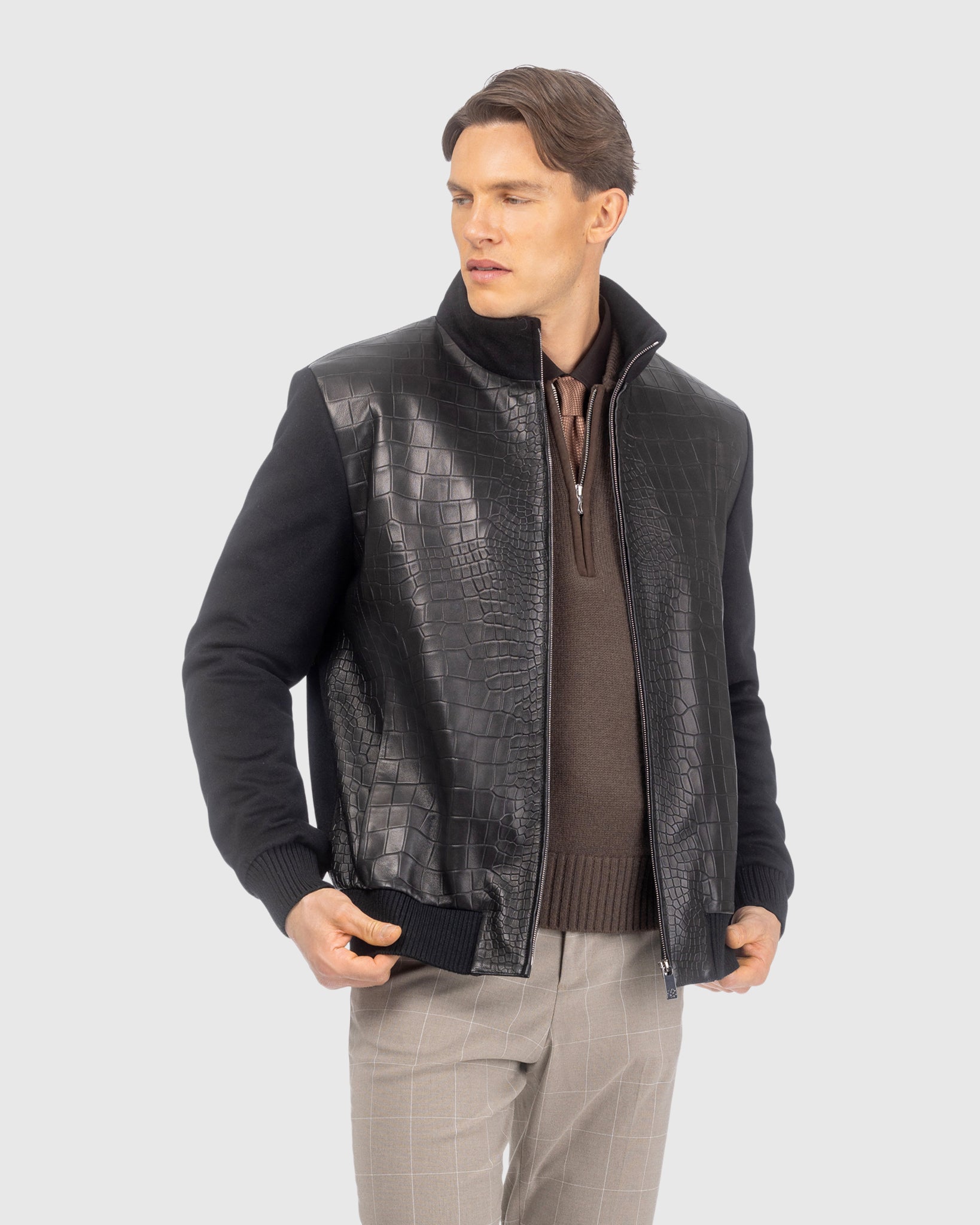 MENS LORO PIANA WOOL JACKET WITH CROCO EMBOSSED NAPPA LEATHER FRONT