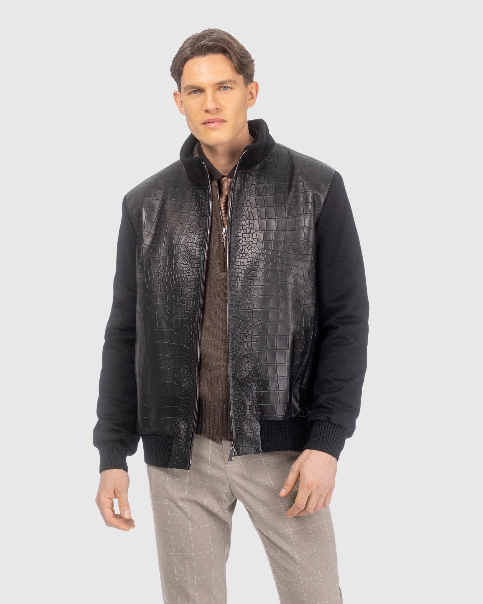 MENS LORO PIANA WOOL JACKET WITH CROCO EMBOSSED NAPPA LEATHER FRONT
