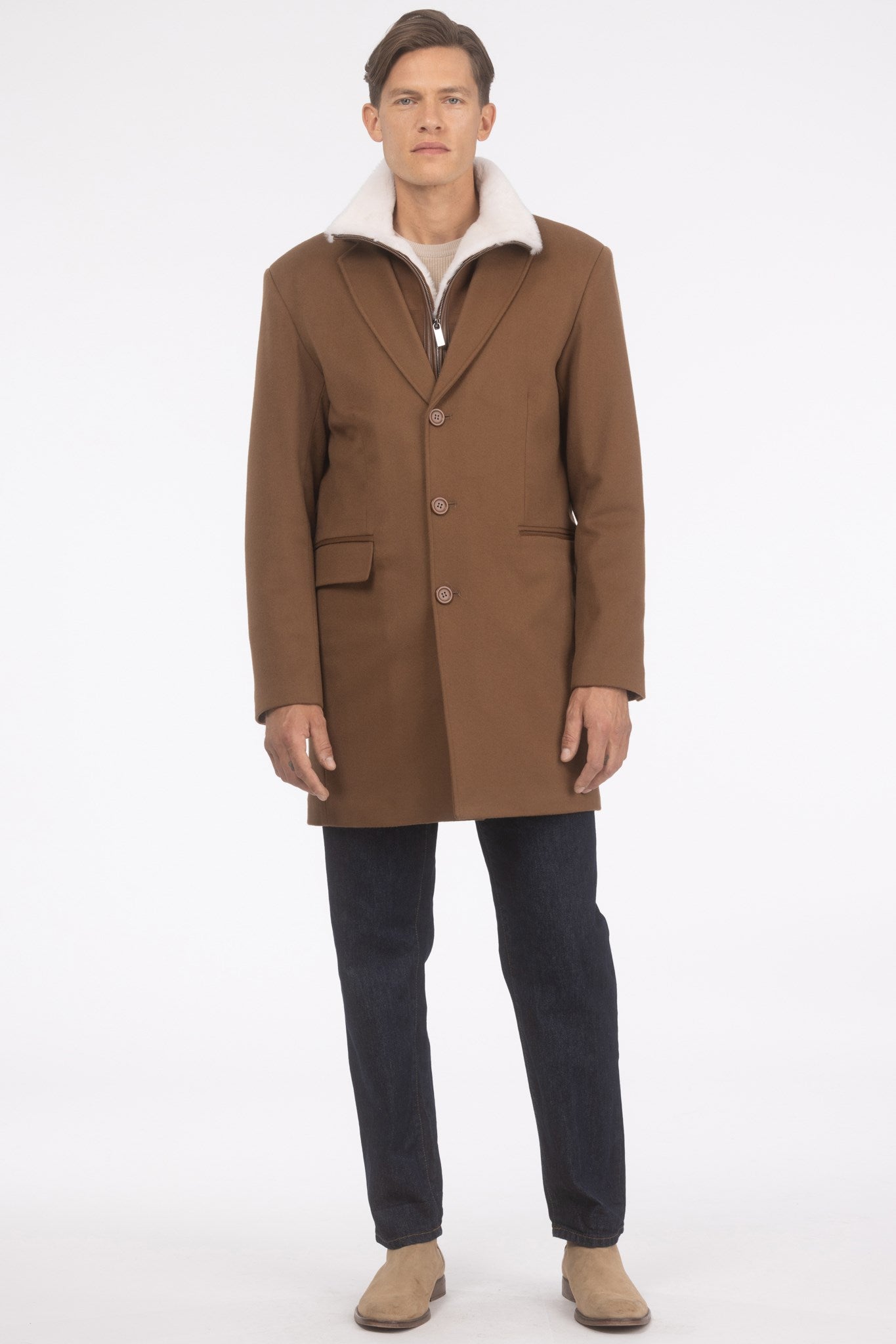 Mens Loro Piana Wool Short Coat With Merino Shearling Lamb Trim