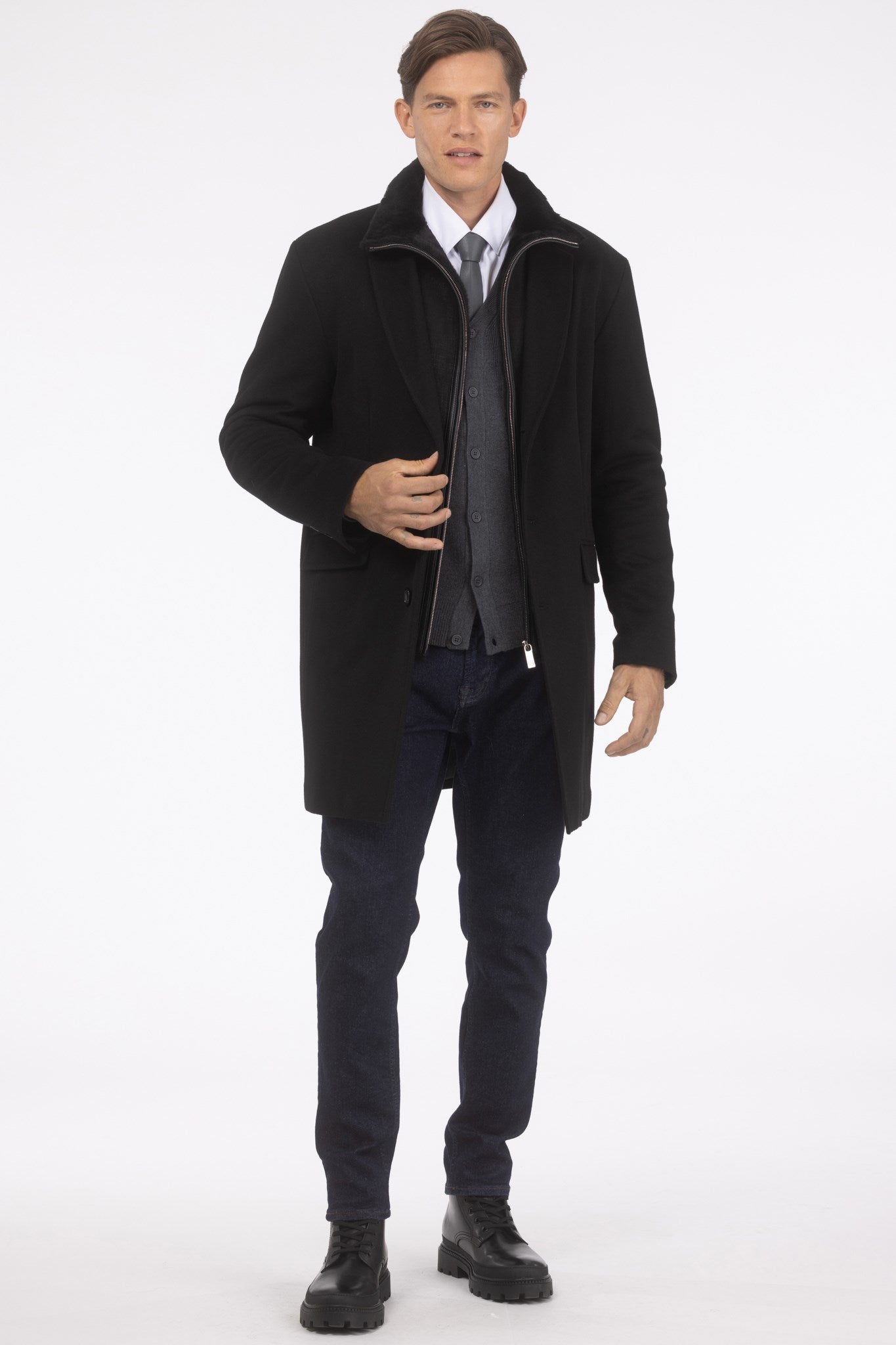 Mens Loro Piana Wool Short Coat With Merino Shearling Lamb Trim
