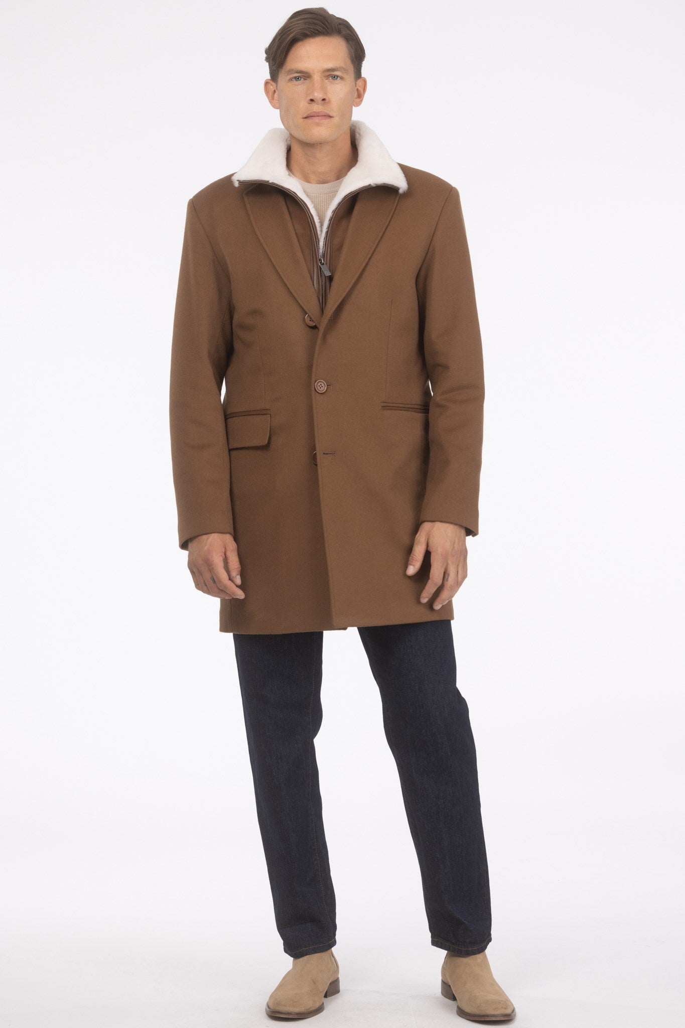 Mens Loro Piana Wool Short Coat With Merino Shearling Lamb Trim