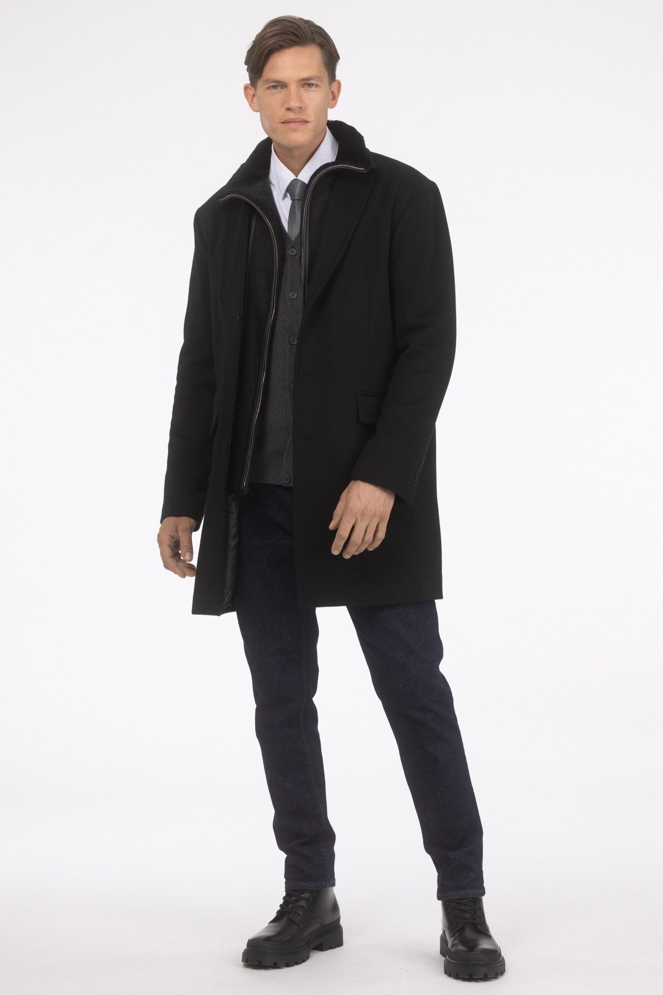 Mens Loro Piana Wool Short Coat With Merino Shearling Lamb Trim