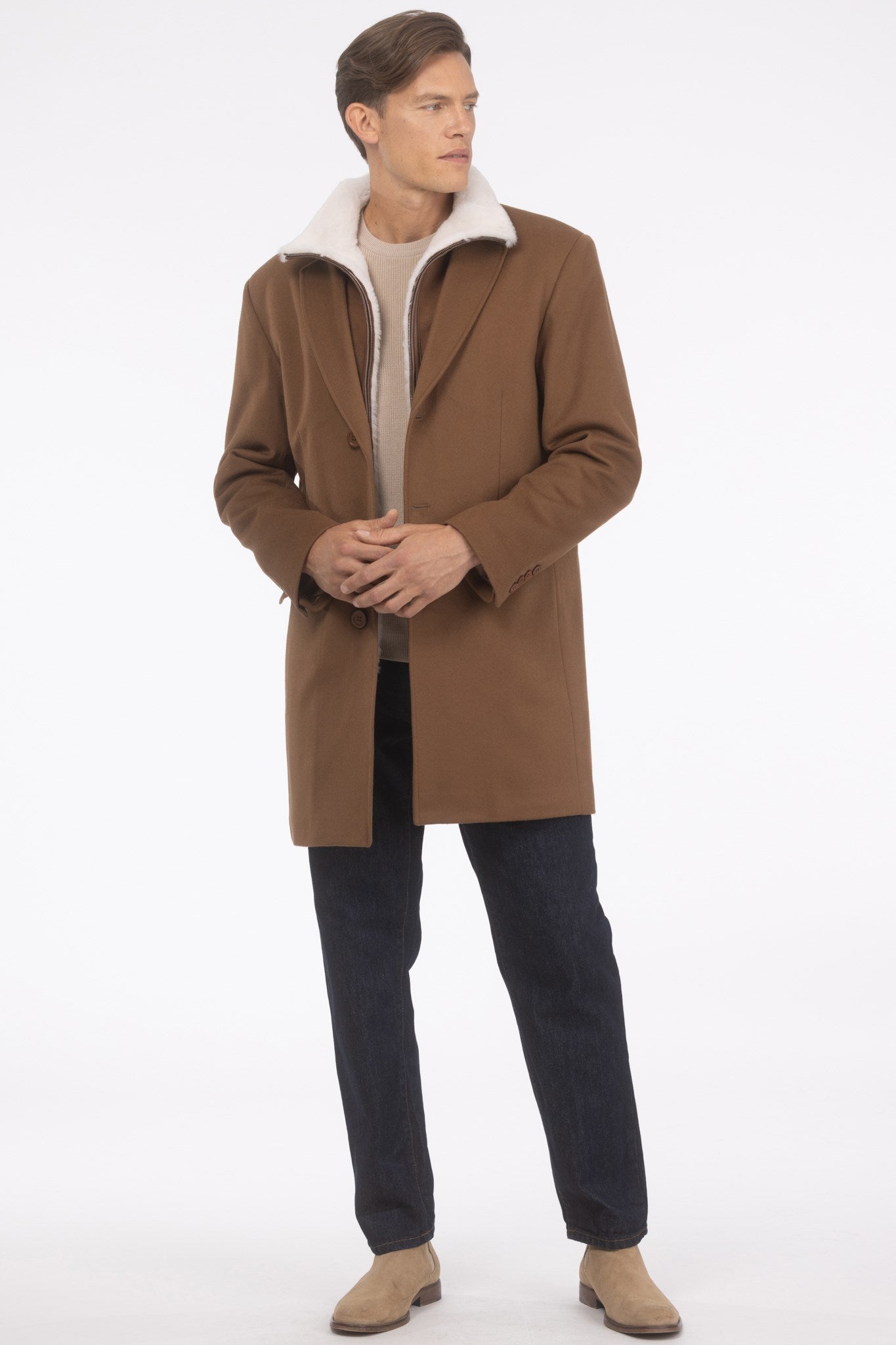 Mens Loro Piana Wool Short Coat With Merino Shearling Lamb Trim