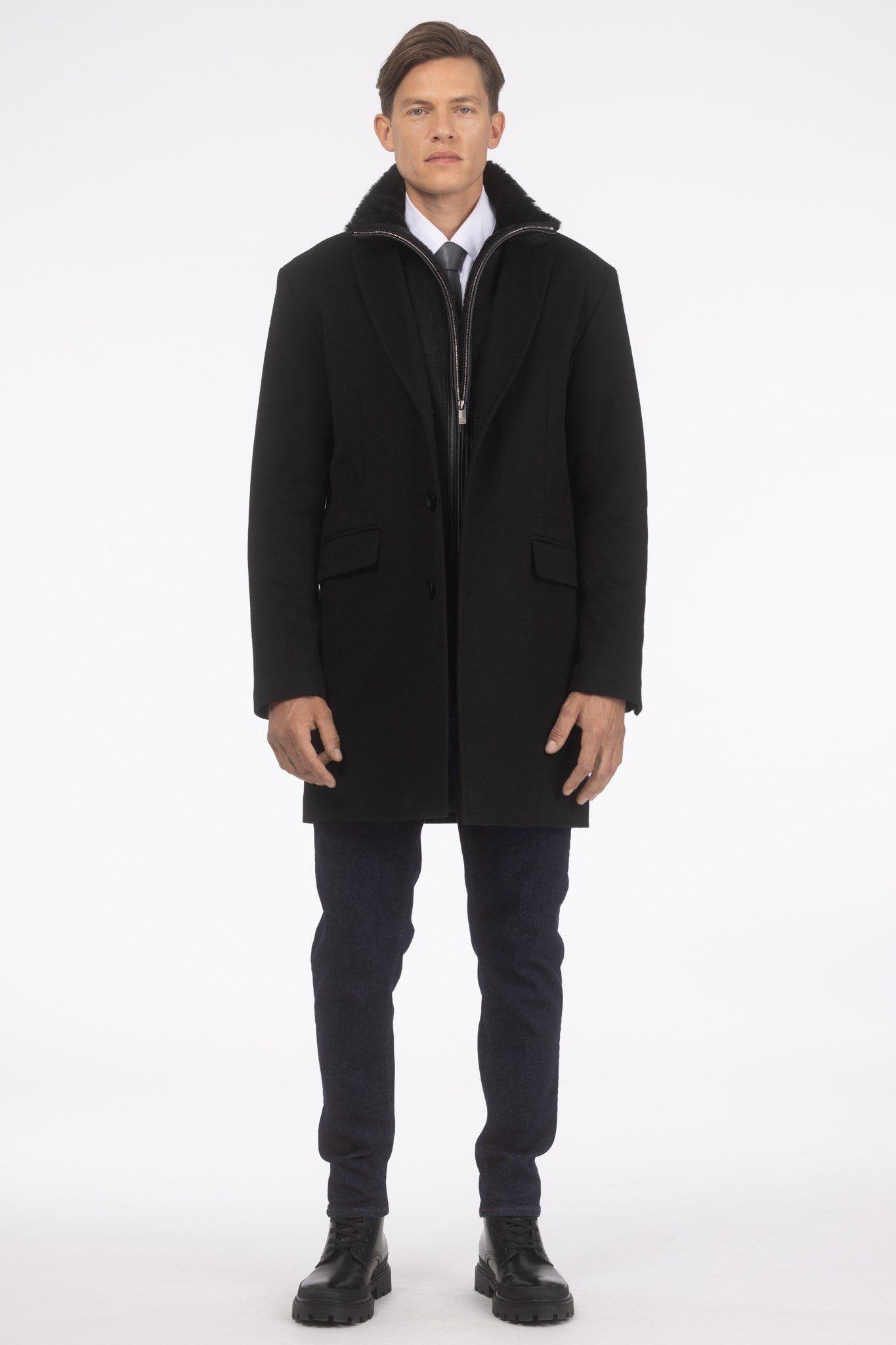 Mens Loro Piana Wool Short Coat With Merino Shearling Lamb Trim