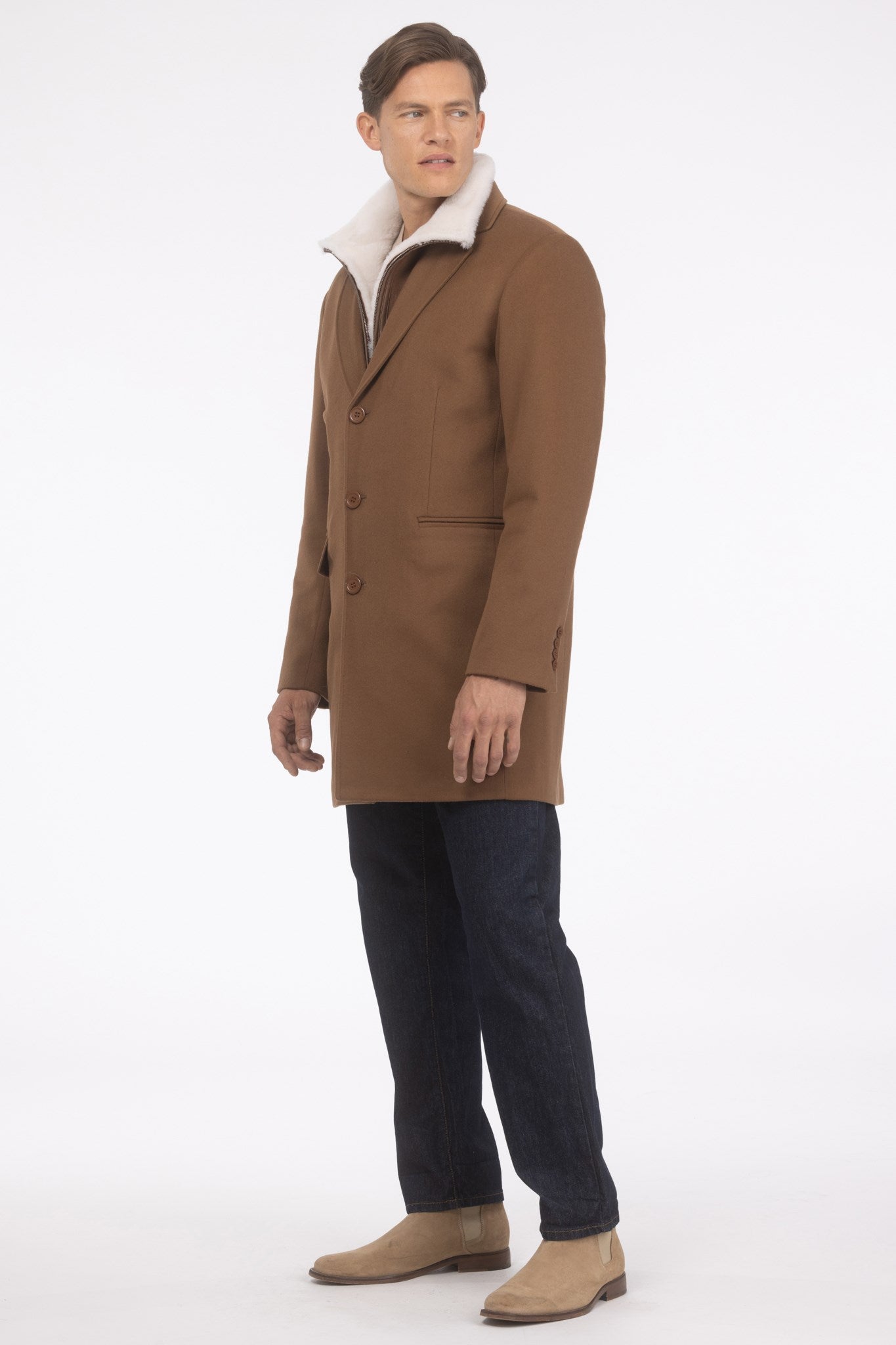 Mens Loro Piana Wool Short Coat With Merino Shearling Lamb Trim