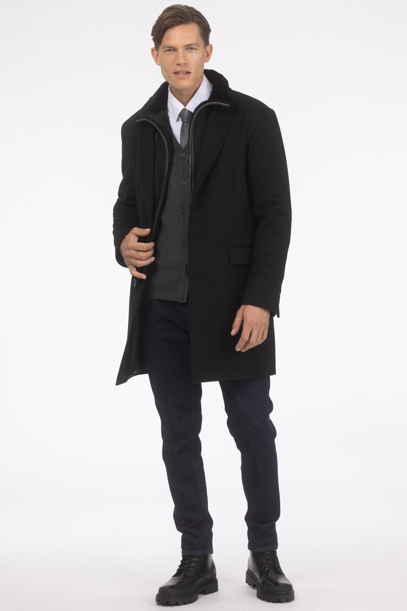 Mens Loro Piana Wool Short Coat With Merino Shearling Lamb Trim