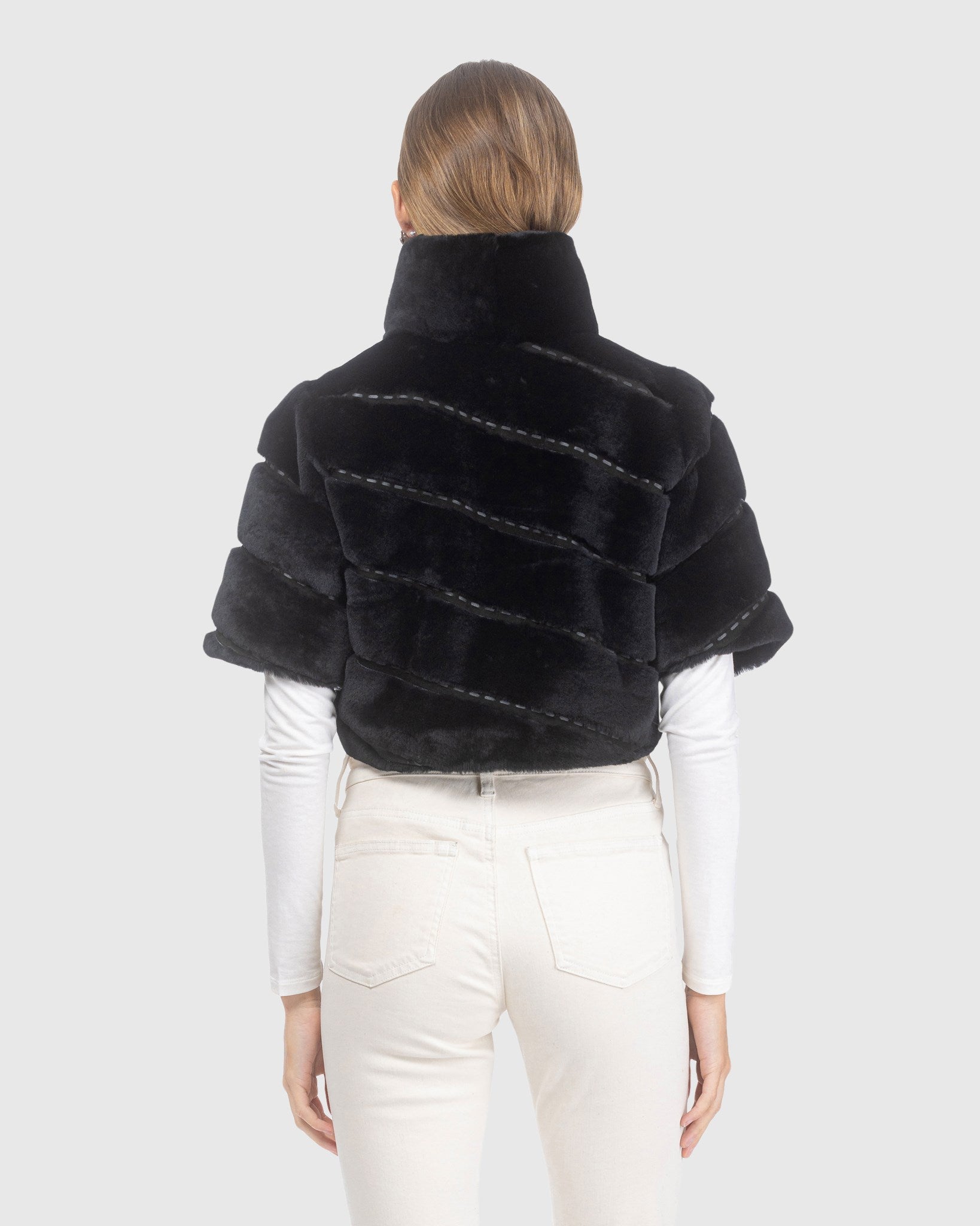 SELECT SHEARLING LAMB DIAGONAL BOLERO WITH CROPPED SLEEVES