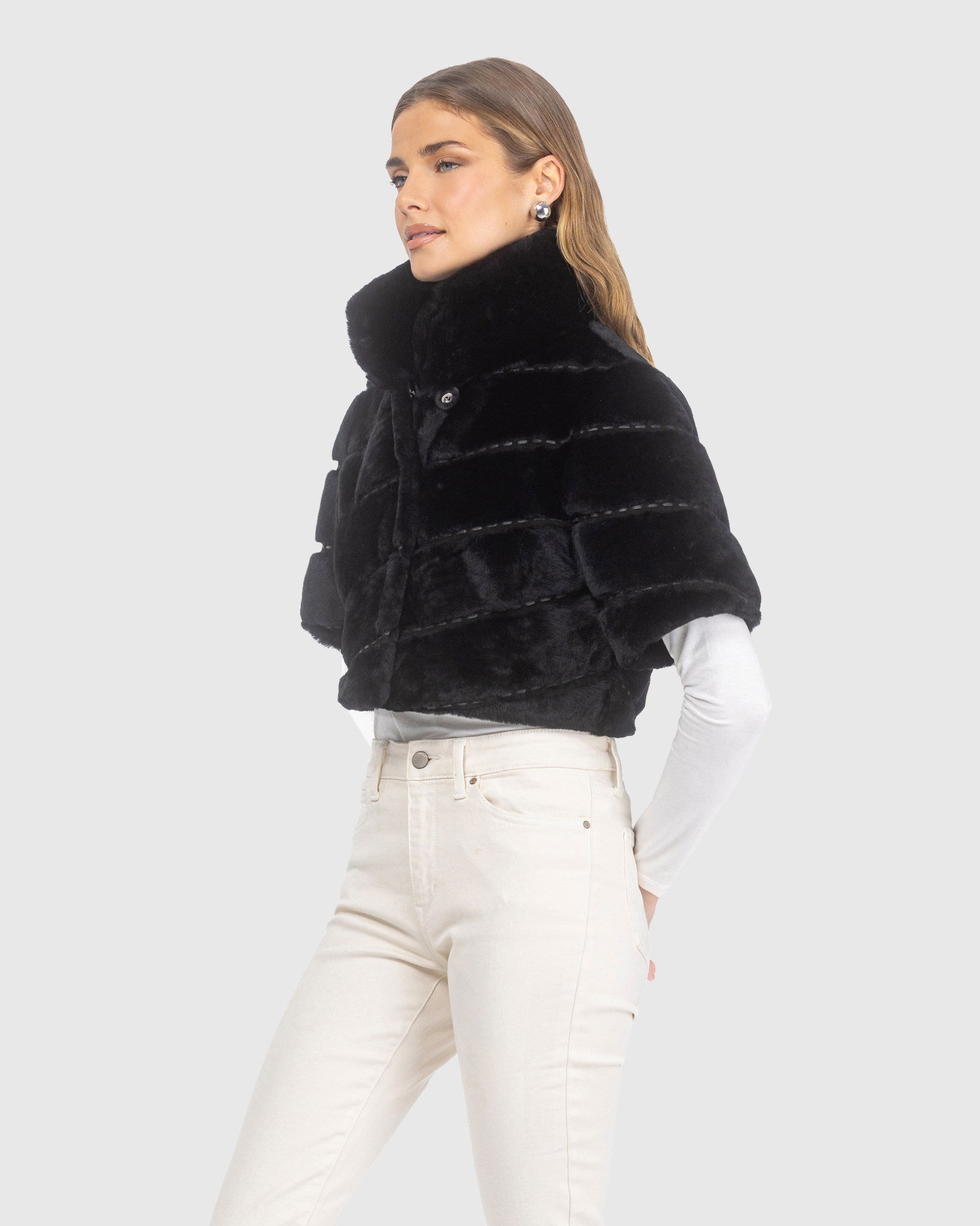SELECT SHEARLING LAMB DIAGONAL BOLERO WITH CROPPED SLEEVES